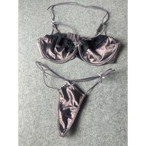 Oh La La Cheri Paris Satin Lace Lingerie Set Mauve Purple Black Bra Thong Medium